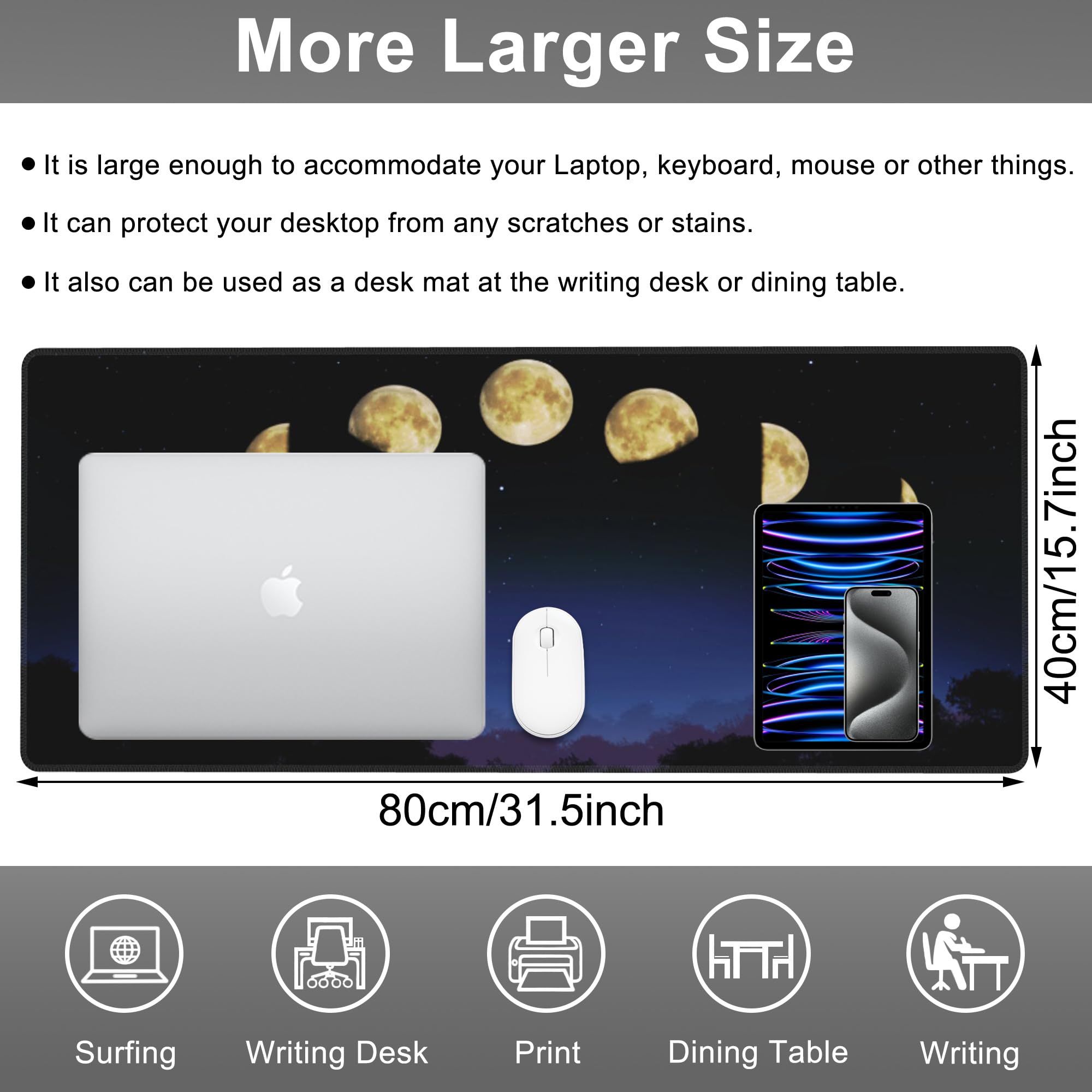 Mouse Pad, Large Moon Phase and Forest Desk Mat, Extended Non-Slip Gaming Keyboard Mousepad Desk Pad, Thick Stitched Edges Waterproof Mouse Mat 31.5"x15.7" (Moon Phase Changes)
