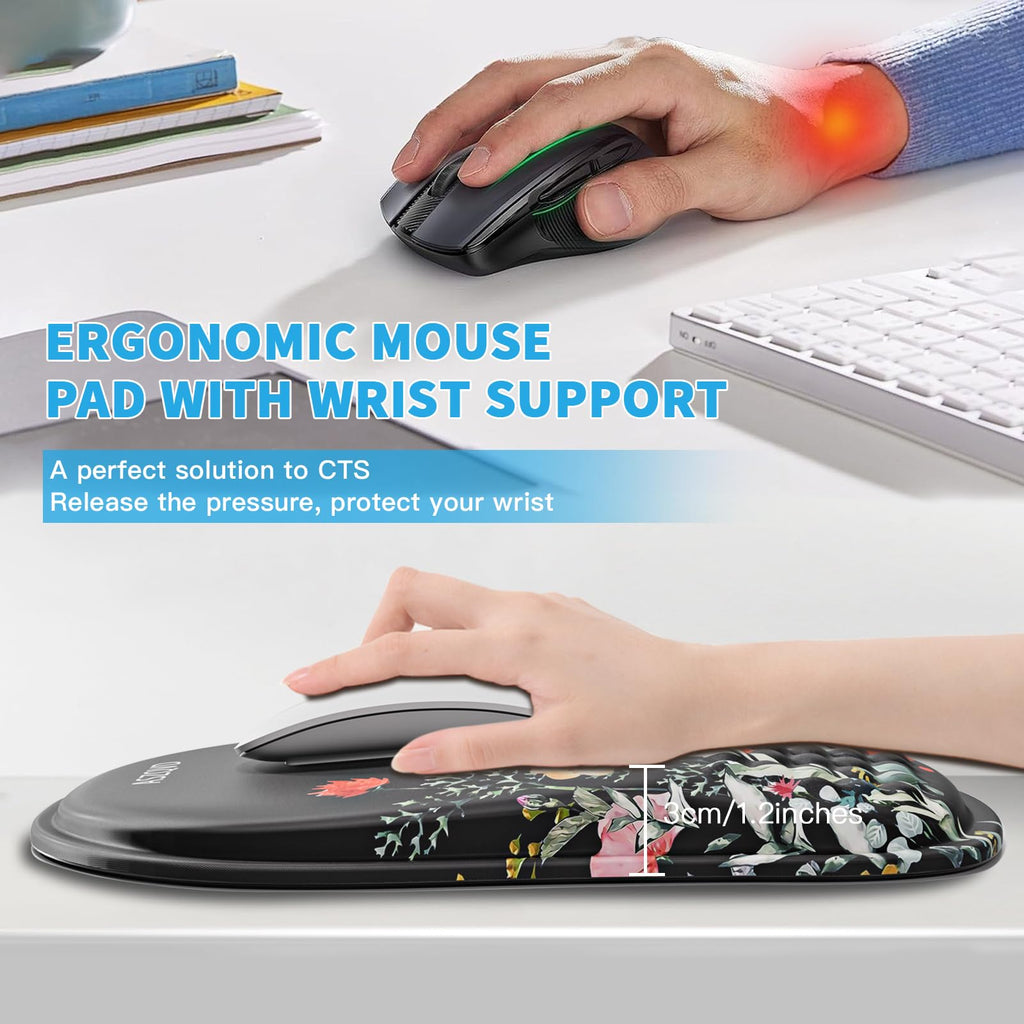 Aszqvd Mouse Pad with Wrist Rest, Ergonomic Mousepads with Wrist Support, Soft Lycra Fabric Memory Foam Office Desk Accessories for Comfort/Pain Relief/PC Gaming/Computer/Laptop (Black Flower)