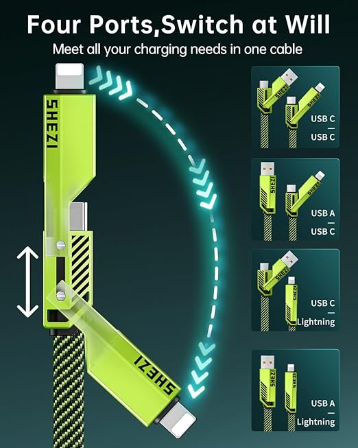 SHEZI [Upgraded 2.0] 4-in-1 USB C Cable 60W 10FT Fast Charging [480Mbps Data Sync] Flat Nylon Braided Charger Cord Combo, USB A/C to C/L Multi Charge Cable for iPhone/iPad & Most Devices, Green