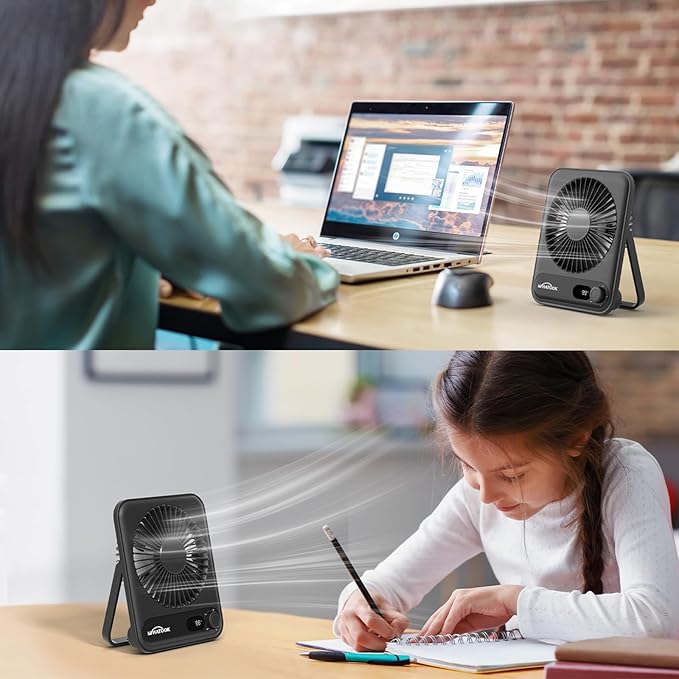 WHATOOK Small Desk Fan Personal Fans: 2000mah 10 Hours Battery Office Quiet Mini Desktop Fan Portable Rechargeable Travel Essentials