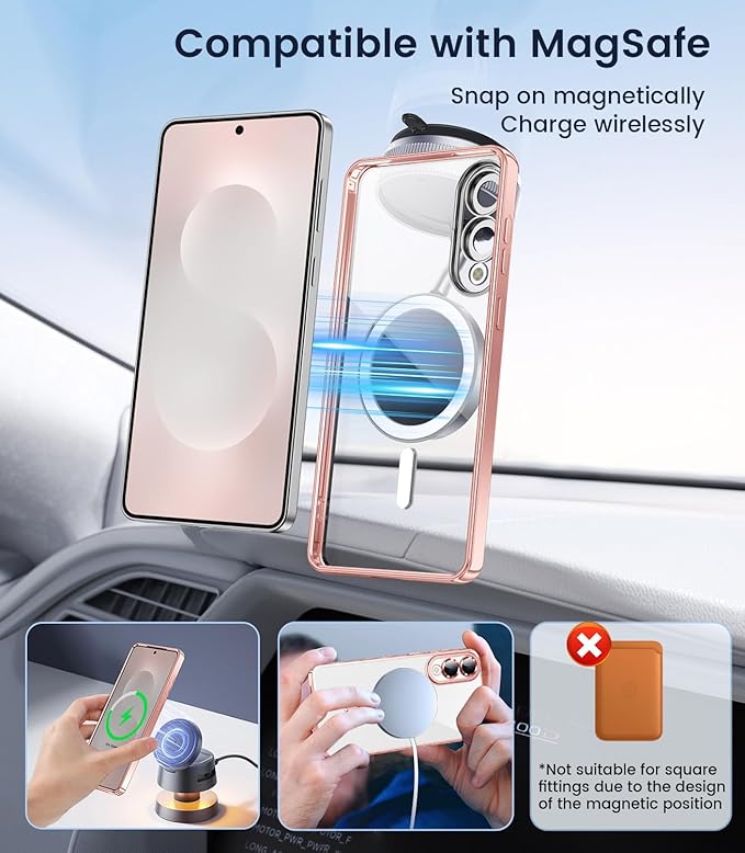 Slim Thin for Samsung Galaxy S25 Edge Case, Compatible with MagSafe, Built-in Camera Lens Protector, Shockproof Protective Phone Case, Soft Electroplated Clear Cover, Rose Gold