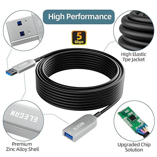 Elecan Active Optical USB 3.0 Extension Cable 100 FT Fiber Optic Type A Male to Female USB Extension Cord USB Extender 5Gbps Data Transfer for Webcam,Gamera, USB Hub, Keyboard, Hard Drive, Printer