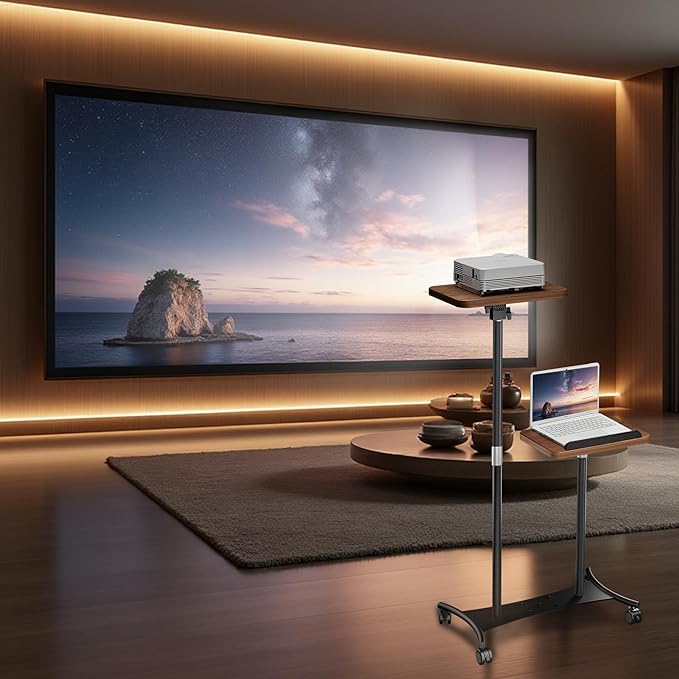 2 Shelves Projector Stand, Mobile Laptop Cart on Wheels Projector Stand Adjustable Height 20 to 53 Inches, Overbed Table with 5 Lockable Casters, Rolling Laptop Floor Stand for Couch