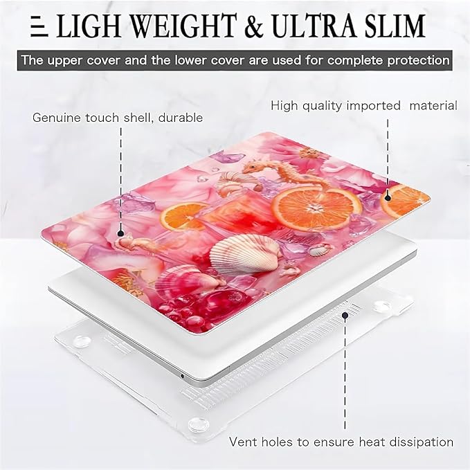 Compatible with MacBook Air 13.3 13.6 Inch Case 2022 2021 2020 2019 Plastic Hard Shell Case Cover,13.3 Pro(A1706/A1708/A1989/A2159/A2289/A2338), Pink Floral with Sea Shells