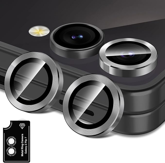 for Samsung Galaxy Z Flip 7 Camera Lens Protector, Individual Metal Ring Tempered Glass Lens Cover, [Strong Adsorption] Scratch Resistant Ultra-Thin HD Clear Lens Cover, 1 Set-Black