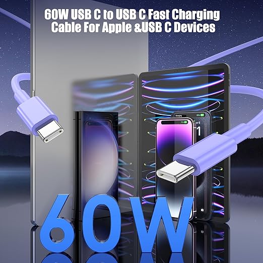 3-Pack Purple [3.3FT+6.6FT+10FT] 60W USB C to USB C Cable, Type C Fast Charging Cable for iPhone 16 15 Pro Plus Pro Max，for Galaxy S24 S23, for iPad Pro/Air, for MacBook Pro/Air and More