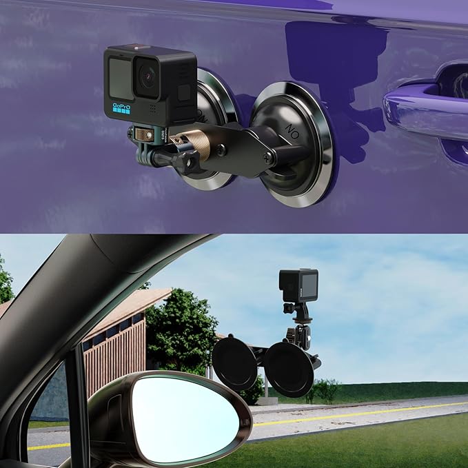 MINIFOCUS Dual Suction Cup Mount, Twist-Lock Dual Suction Cup Base with Camera Thread Adapter, Quick Release Double-Layer Suction, Windshield Window Car Mount for Magic Arm Gopro Adapter