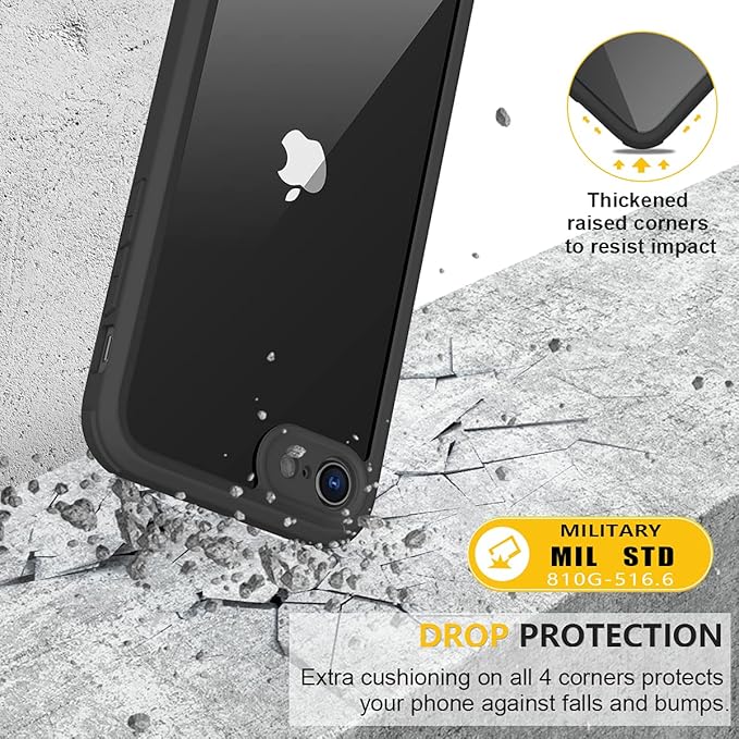 Miracase for iPhone SE Phone Case 3rd/2nd Generation 2022 2020 Full-Body with Built-in Glass Screen Protector, Heavy Duty 360° Protective Shockproof Bumper Cover for iPhone 8/SE 4.7 Inch, Black