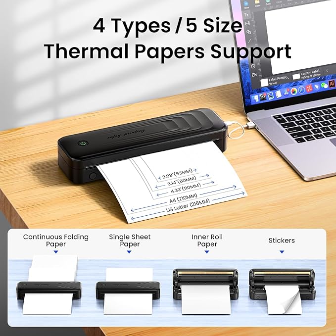 2025 Portable Printers Wireless for Travel, Inkless Thermal Printer Support 8.5" x 11"& A4, Mobile Printers with Carry Case, Bluetooth Portable Printer for Office,Travel,School,Car,Home,Black