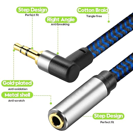 3.5mm Male to Female Extension Stereo Audio Extension Cable 6FT, Cotton-Braided Audio Extension Cable 6ft, Stereo Jack Cord for Phones, Headphones, Speakers, Tablets, PCs and More