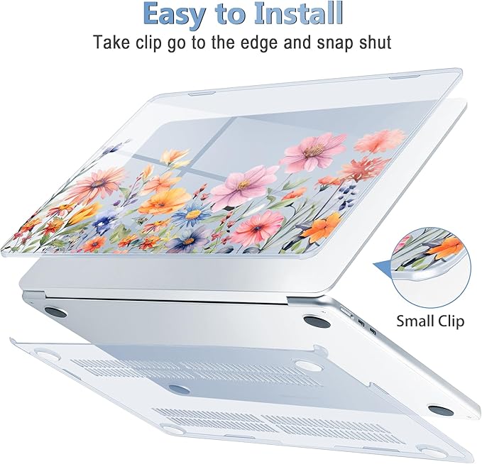 Mektron for 2025 MacBook Air 15 inch M4 Case A3241/ 2024 M3 A3114/ 2023 A2941 M2 Hard Printed Case with 15.3 Liquid Retina Display Touch ID, Plastic Hard Case & Keyboard Skin- Floral P165-Blue