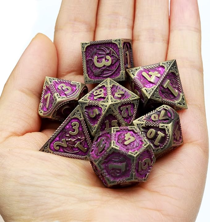 Haxtec Metal Dice Set Purple Black Dragon Pattern Metal DND Dice with Leather Dice Bag Polyhedral D&D Dice Compatible with Dungeons and Dragons TTRPG Gifts