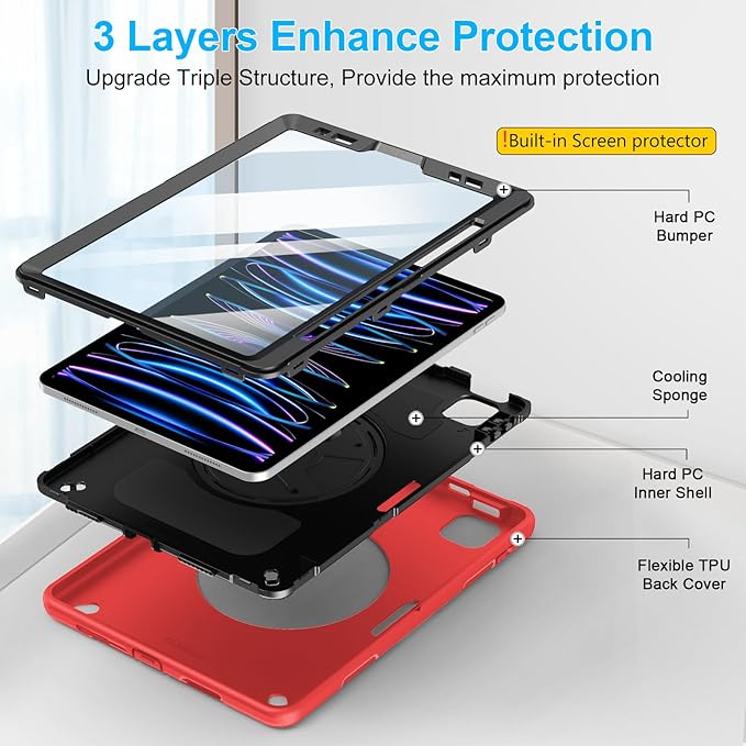 Case for iPad Pro 11 Inch 2022/2021/ 2020/2018: Cover for iPad 11 Inch 4th/ 3rd/ 2nd/ 1st Generation with Screen Protector- Stand- Handle- Shoulder Strap- Pencil Holder Red