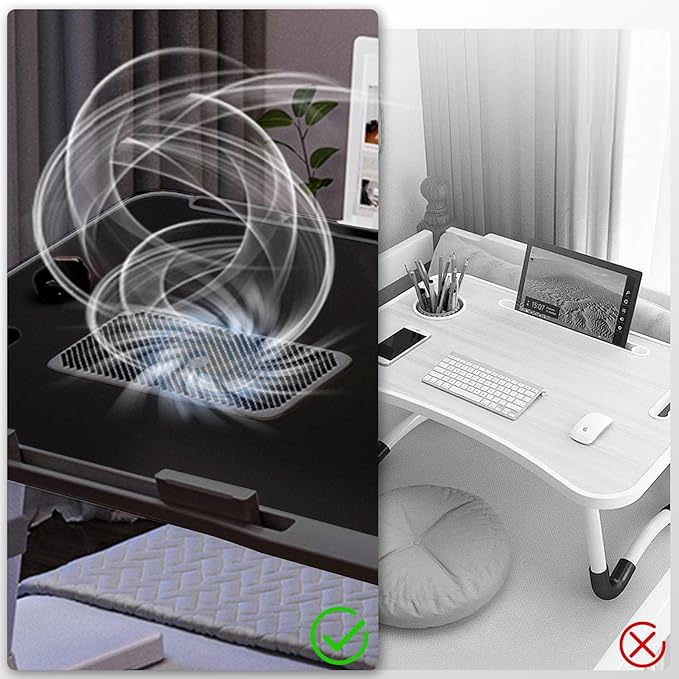 Laptop Lap Desk with Cooling Fan - Adjustable with Light, USB, Storage Drawer - Folding Bed Desk,22.04"*12.59",Black