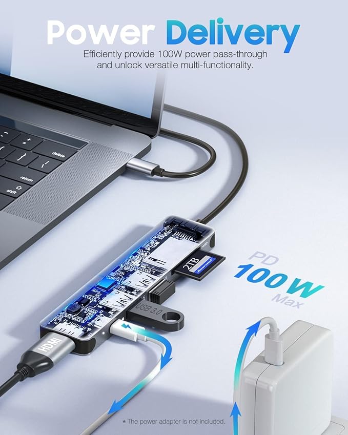 Hiearcool USB C Hub, USB-C Multi-Port Adapter for MacBook Pro, 7IN1 USBC to HDMI Hub Dongle Compatible for Laptops and Other Type C Devices (4K HDMI USB3.0 SD/TF Card Reader 100W PD)