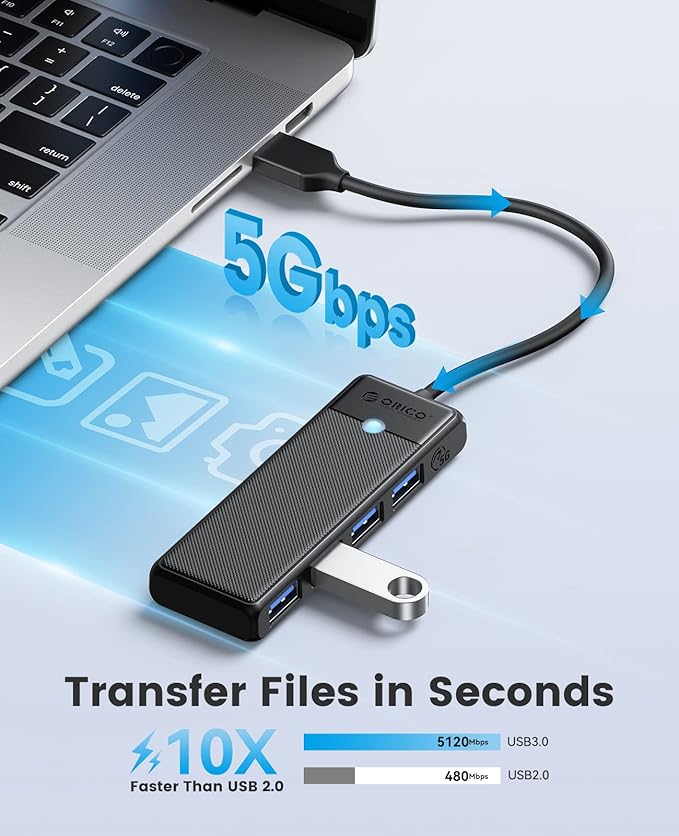ORICO USB 3.0 Hub, 4-Port USB Hub, Ultra Slim USB Splitter for Laptop for MacBook, Mac Pro, iMac, Surface Pro,XPS, PS5, PC, Flash Drive, Mobile HDD(Black/0.5ft)