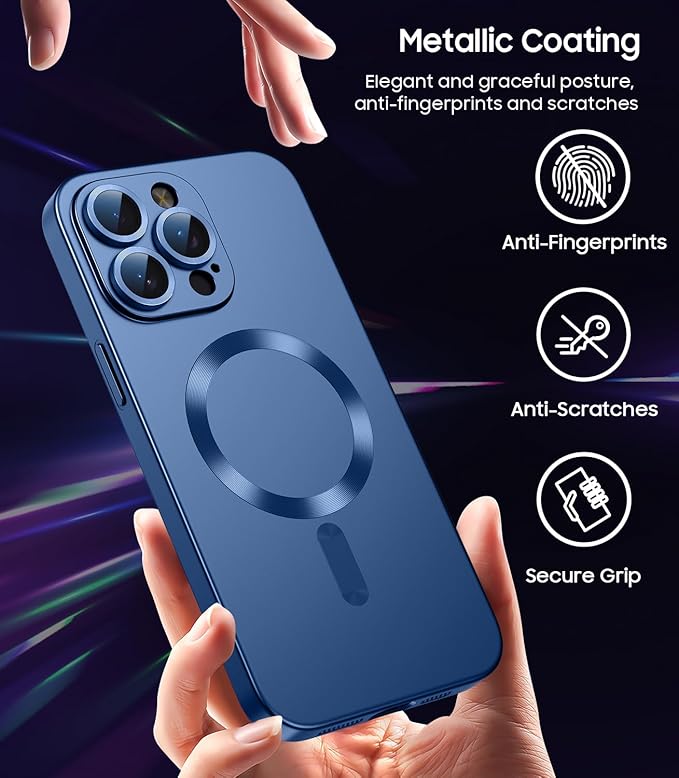 Magnetic for iPhone 14 Pro Max Case [Compatible with MagSafe][Built-in Camera Lens Protector] Slim Soft TPU Bumper Shockproof Metallic Luster Phone Case (Blue)