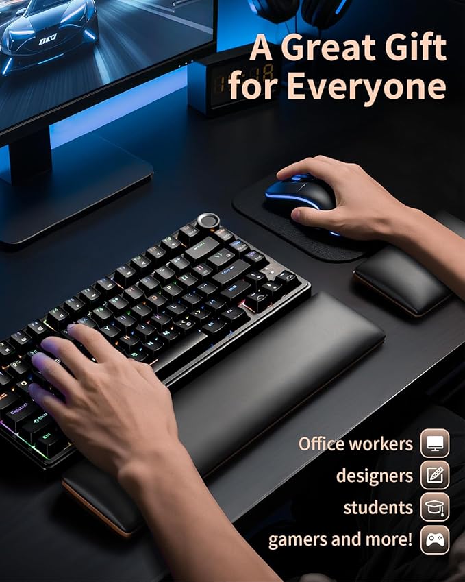 ASFSKY Keyboard and Mouse Wrist Rest Set - Memory Foam & Wooden Base Ergonomic Wrist Support Pad with PU Leather Cover, Non-Slip, Durable & Easy-to-Clean Wrist Cushion for Office, Gaming Desk