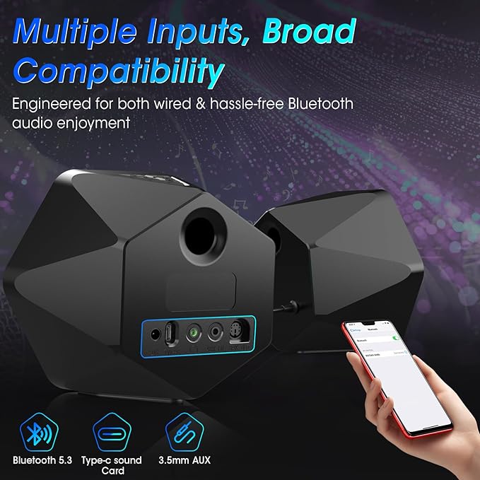 BESTISAN Computer Gaming Speakers with 8 RGB Modes, Compact Design, DC Powered Desktop Speaker with 3 EQ Modes, 50W Active Speakers with Bluetooth 5.3, AUX in, Headphone, Type-C Port for PC/Laptop/TV