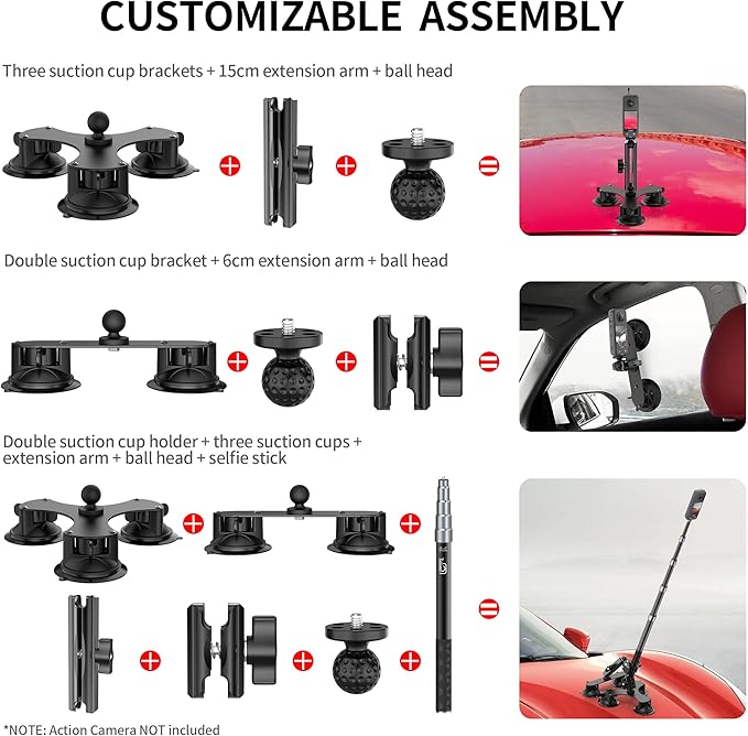 Suction Car Mount for Insta360 x5/X4/X3/X2/GO 3/ONE/GoPro Max-59 Lockable Anti-Fall Selfie Stick with 5 Suction Cups, 3-Person Car Camera Mount for 360° Action Vlog Cameras, DSLR (Indoor & Outdoor)