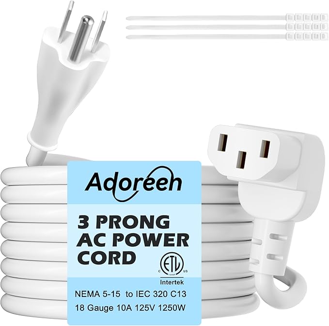 Adoreen 4 Ft Computer TV Replacement Power Cord White, 90 Degree Angled L-Shaped 18AWG 3-Prong AC Universal Power Supply Cable NEMA 5-15P to IEC 320 C13 for Printer, PC, Monitor TV LCD, ETL+Ties