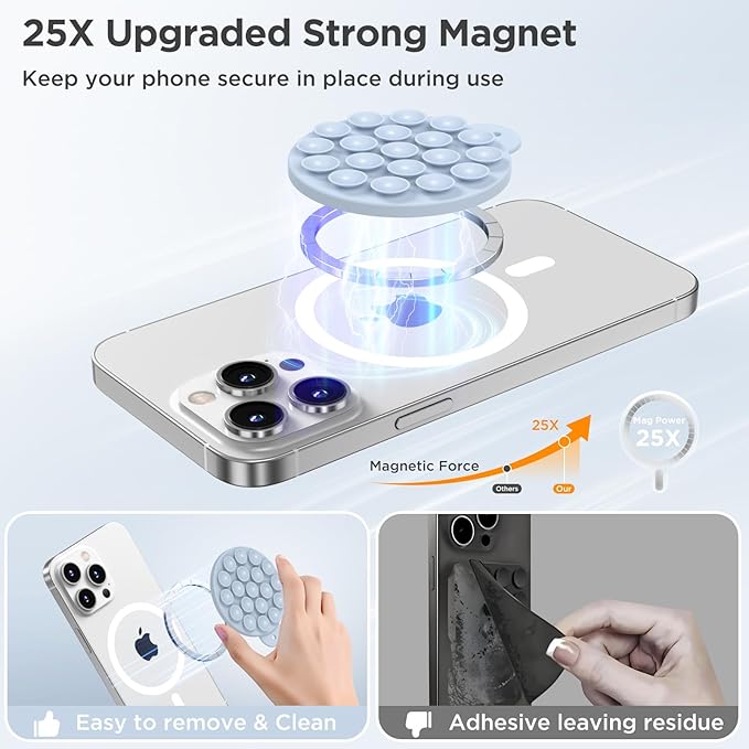 Magnetic Suction Cup Phone Mount for MagSafe Case, Silicone Hands-Free Grip Holder for iPhone and Android, Mirror Shower Phone Stand for Makeup FaceTime Gym Kitchen Bathroom, Baby Blue