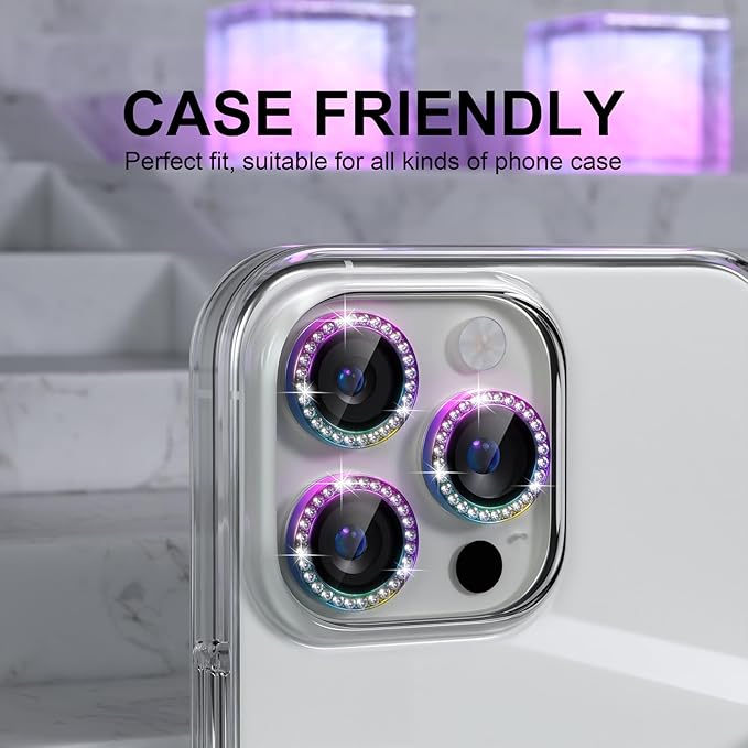 Choiche Compatible for iPhone 16 Pro/iPhone 16 Pro Max Camera Lens Protector Bling, 9H Tempered Glass Camera Cover Screen Protector Metal Ring Decoration Accessories (Diamond-Colorful)