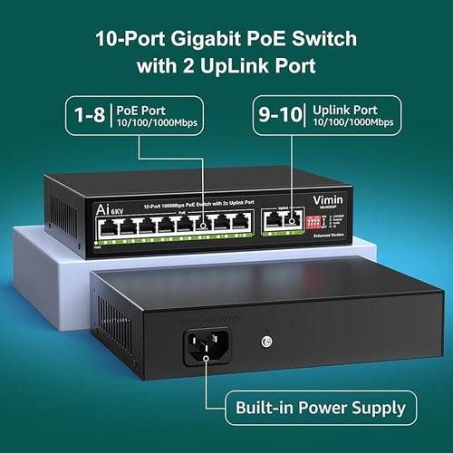 10-Port Gigabit PoE Switch, VIMIN 8-Port Unmanaged 10/100/1000Mbps Network PoE Switch with 2 Uplink Ports, AI Watchdog PoE Switch, VLAN, Extend 250m, Support IEEE802.3af/at