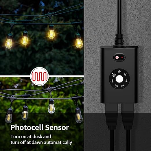 Minoston Outdoor Timer Outlet Waterproof with Remote, 2 Outlets Dusk to Dawn Plug, Light Sensor Countdown Timer 2 4 6 8 Hours 100Ft Remote Control Home Garden(MP42T)