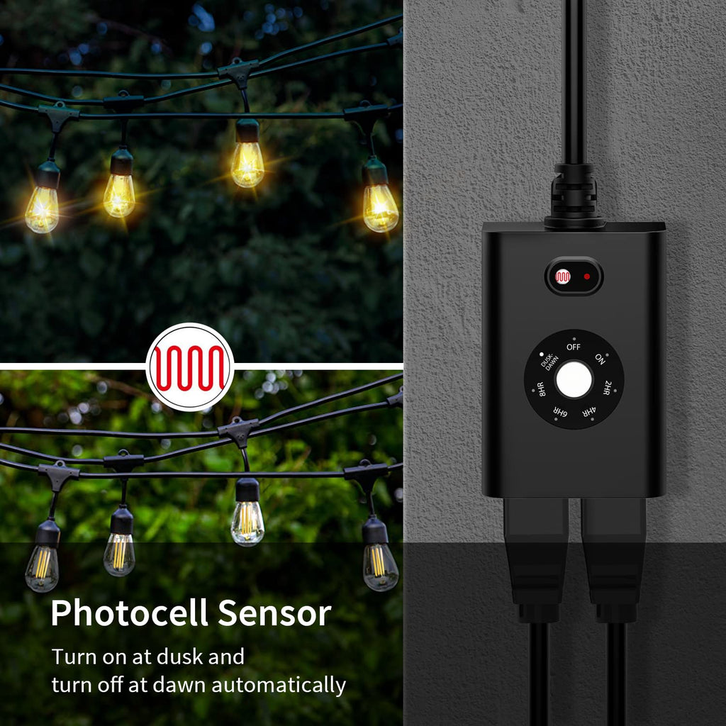 Minoston Outdoor Timer Outlet Waterproof with Remote, 2 Outlets Dusk to Dawn Plug, Light Sensor Countdown Timer 2 4 6 8 Hours 100Ft Remote Control Home Garden(MP42T)
