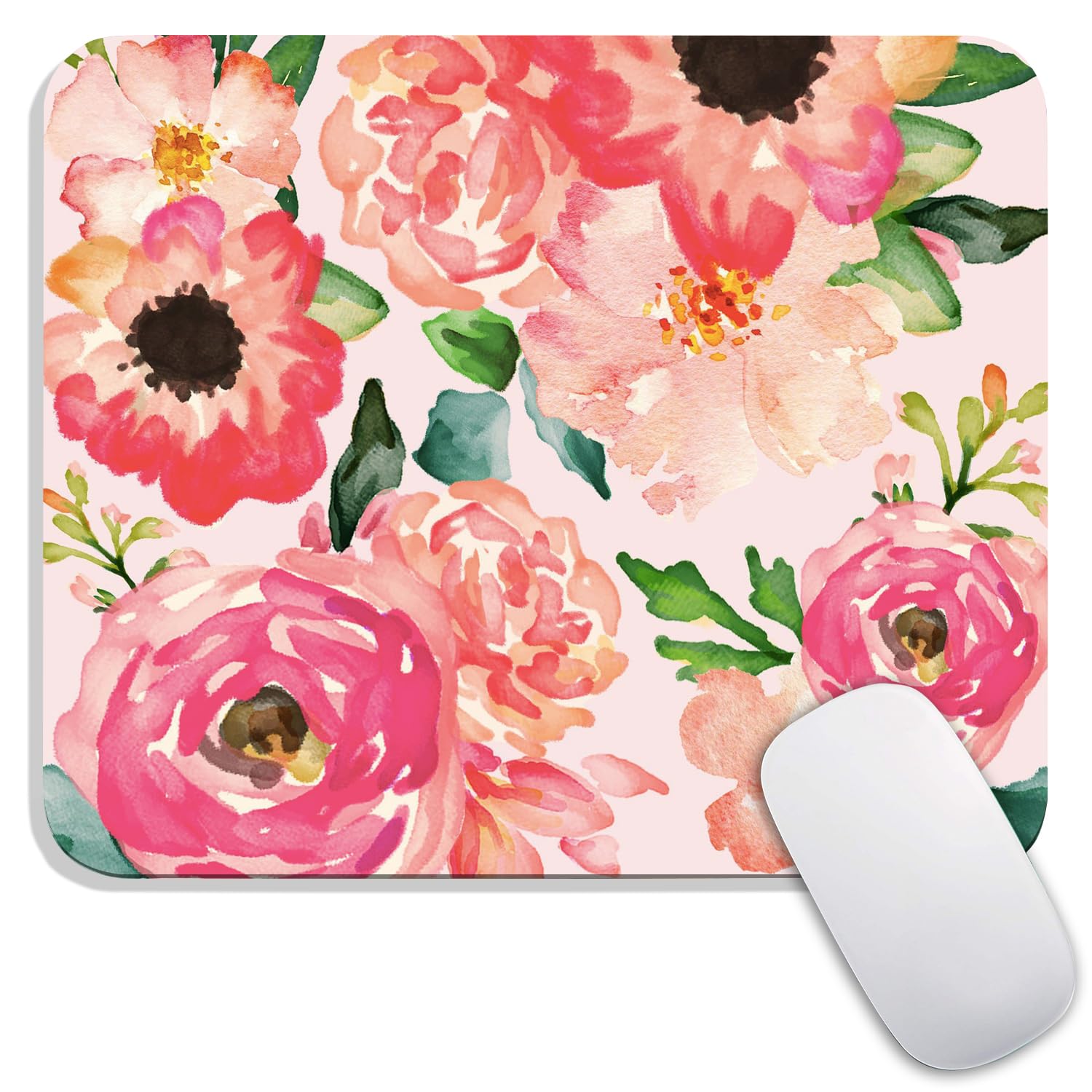Armanza Square Mouse Pad Pink Watercolor Flower, Personalized Premium-Textured Custom Mouse Mat Design, Washable Mousepad Cloth, Non-Slip Rubber Base Computer Mouse Pads for Wireless Mouse