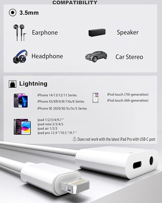 2 Pack Lightning to 3.5mm Headphone Jack Adapter, [Apple MFi Certified] 2 in 1 Headphone Adapter Aux Audio and Charger Adapter Dongle Cable Splitter Compatible with iPhone 14 13 12 11 XS XR 8 7