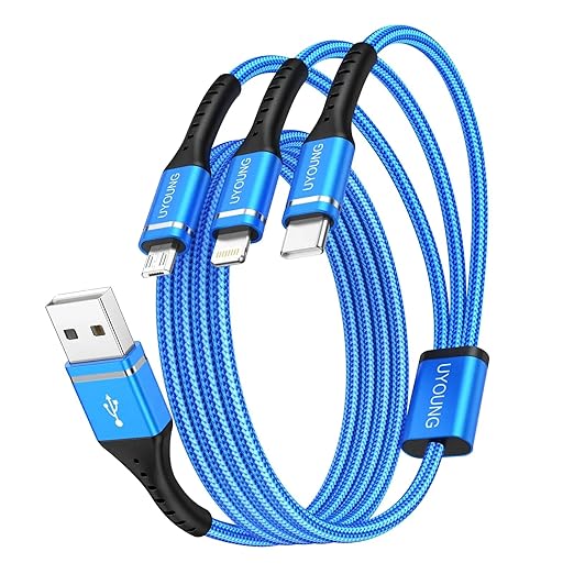 Multi Charging Cable 2Pack 4FT, 3 in 1 Charger Cable Braided Universal Phone Charging Cord with Lightning/Type C/Micro USB Ends, Multiple USB Cable for iPhone/Samsung/Google Cell Phones and More