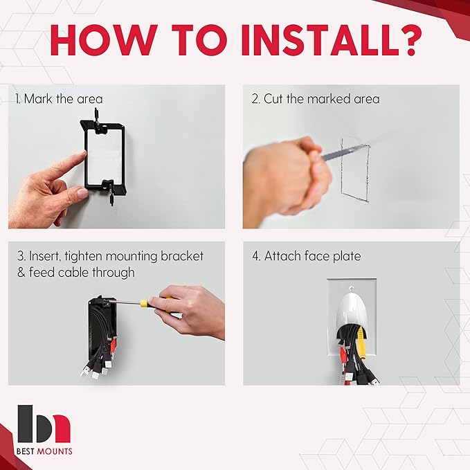 BestMounts - 1 Pack In Wall Cable Management Kit - Recessed Wall Plate Cable Pass Through Pair with Single Gang Low Voltage Mounting Bracket - TV Cord Hider for Wall Mounted TV ETL Listed