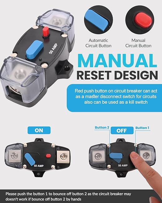 50 Amp Circuit Breaker with Manual Reset Waterproof Inline Fuse Inverter for Marine Trolling Motors Boat ATV Manual Power, Suface Mount, 12V-48V DC