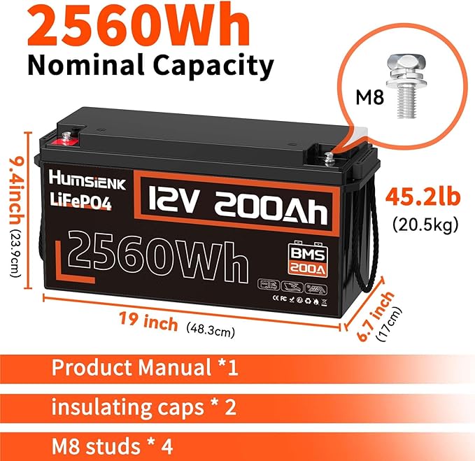 2PACK 12V 200Ah LiFePO4 Battery, Built-in 200A BMS, Rechargeable Deep Cycles DIY Battery, 2560Wh Lithium Battery for Off-Grid and Home Solar System, Marine, Trailer, RV