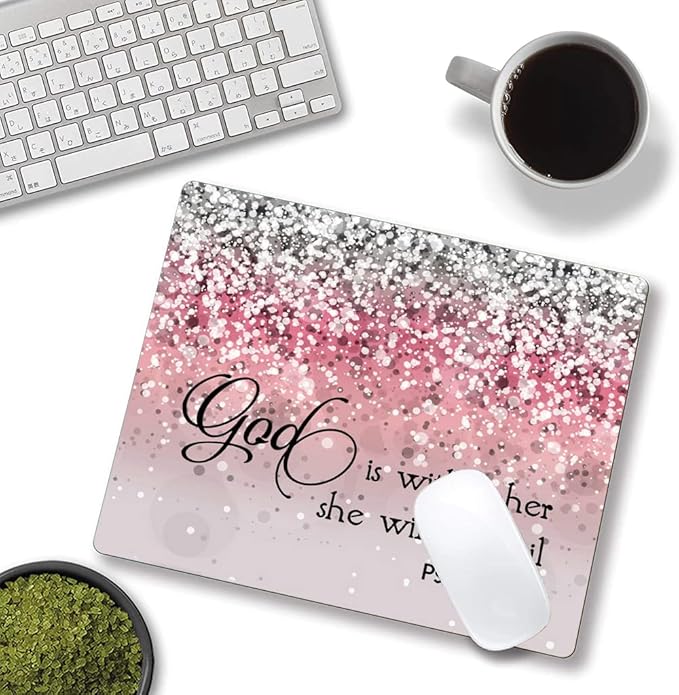Mouse Pad, Bible Verse Pink Sparkles Glitter Mouse pad, Square Waterproof Mouse Pad Non-Slip Rubber Base MousePads for Office Laptop, (Psalm 46:5 God is Within Her,She Will not Fall)