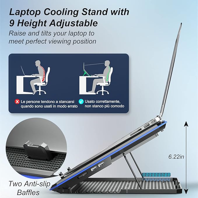 ICE COOREL Laptop Cooling Pad with 6 Cooling Fan, Laptop Cooler Fan with No Lights, Cooling pad for Laptop 15-17 Inches, Notebook Cooler Stand with 9 Height Adjustable, Cooler Pad for Lap or Desk Use