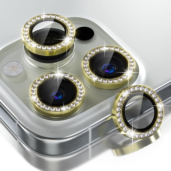 Choiche Compatible for iPhone 16 Pro/iPhone 16 Pro Max Camera Lens Protector Bling, 9H Tempered Glass Camera Cover Screen Protector Metal Ring Decoration Accessories (Diamond-Gold)
