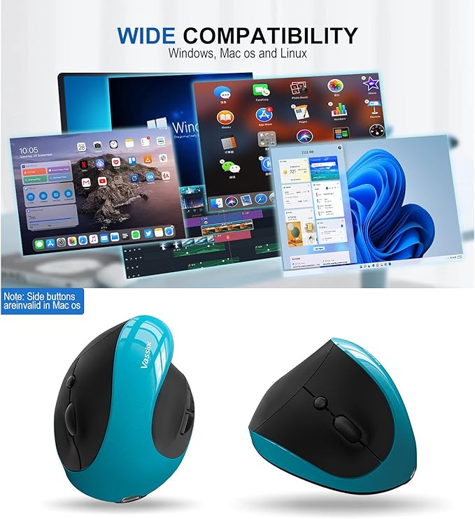 Vassink Ergonomic Mouse, Rechargeable Wireless Mouse Right Handed Small Mouse with 6 Buttons for Laptop,Desktop,PC, MacBook（Blue）