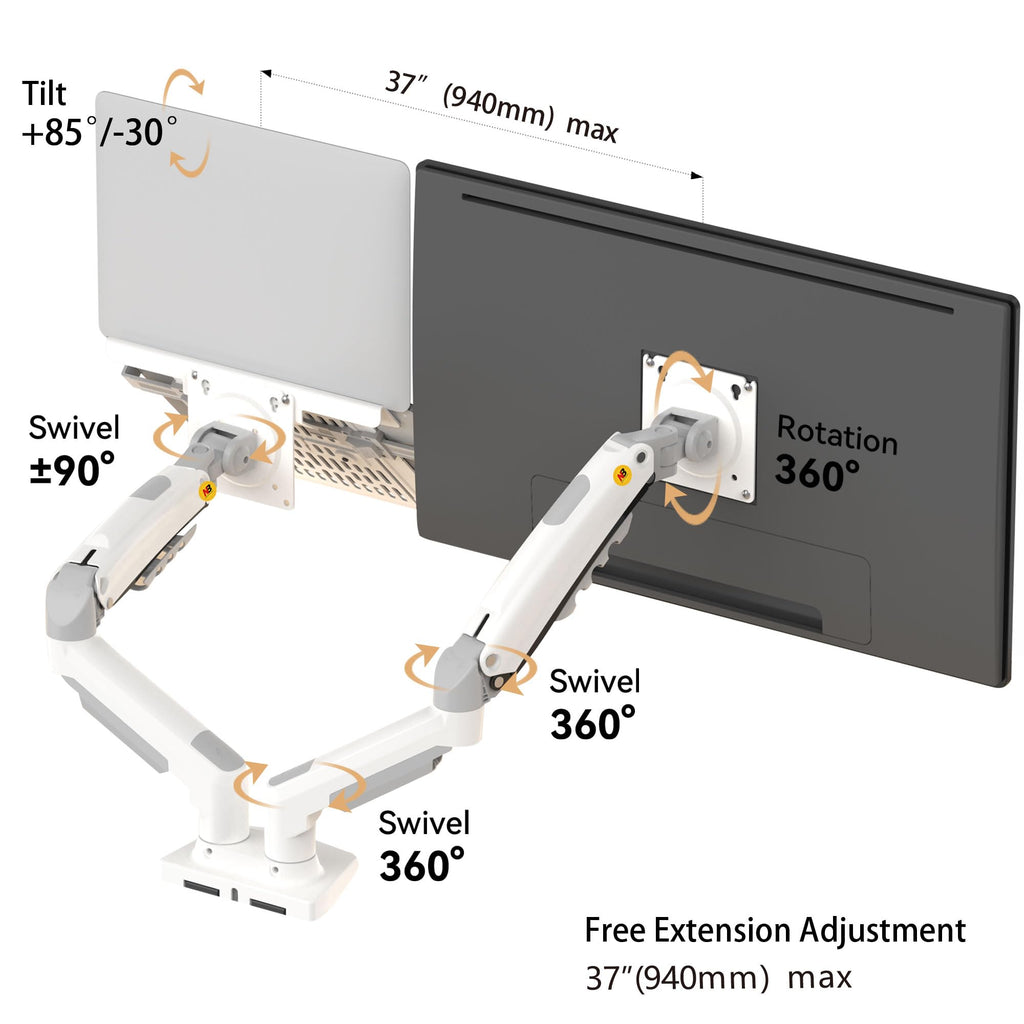 NB North Bayou Laptop Mount with Adjustable Tray for 10-17”Notebook, Full Motion Arm with VESA Plate for 17-30”Monitor,Clamp-on Grommet Mounting F160-FP (White)