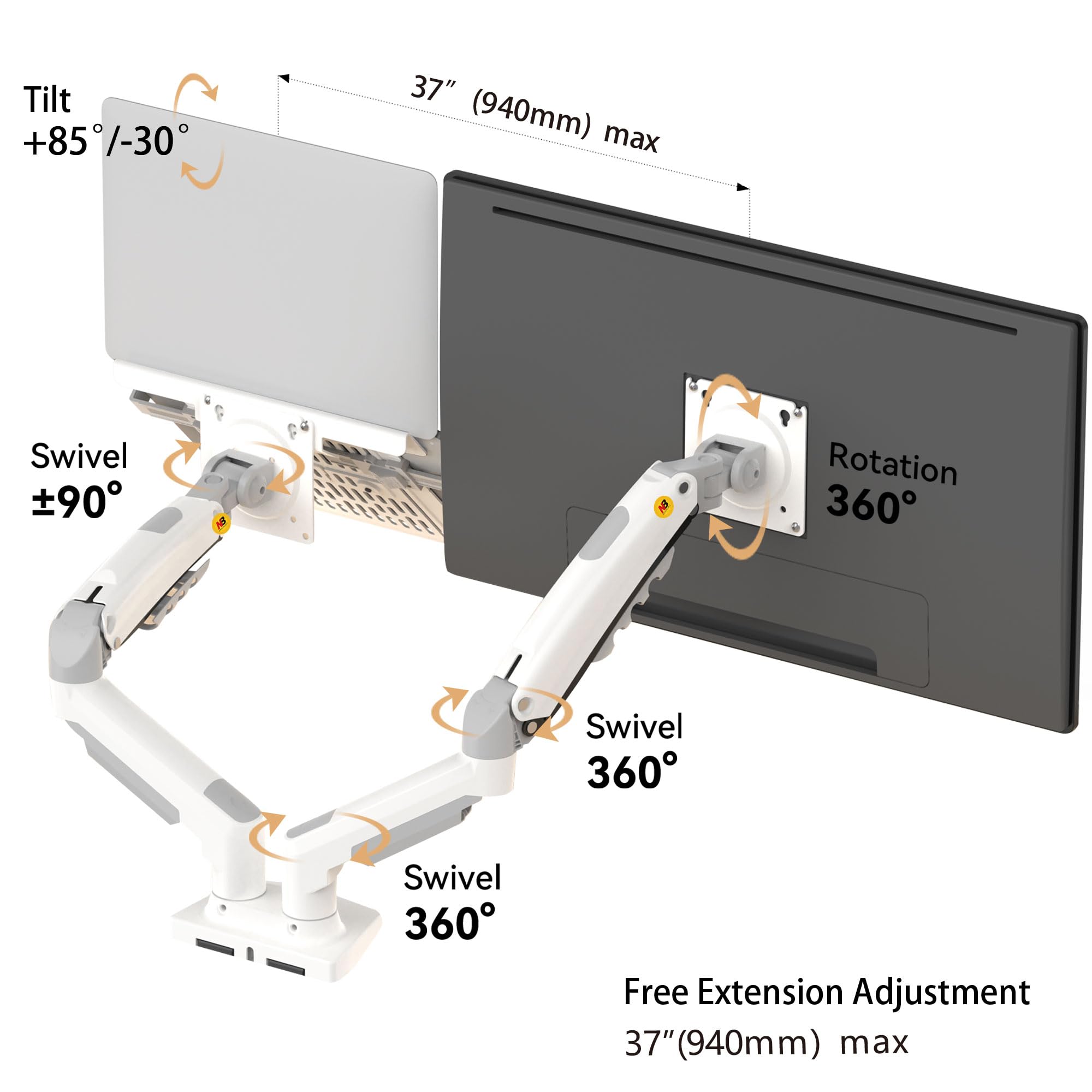 NB North Bayou Laptop Mount with Adjustable Tray for 10-17”Notebook, Full Motion Arm with VESA Plate for 17-30”Monitor,Clamp-on Grommet Mounting F160-FP (White)