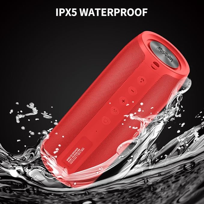 Bluetooth Speaker,MusiBaby M88 Speakers,Dual Pairing, Bluetooth 5.3,Loud Stereo Sound,Booming Bass,30H Playtime for Home& Outdoor Party,Beach,Portable Speaker,Gifts(Red)