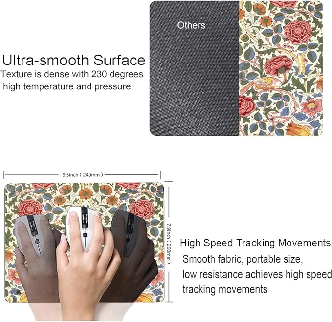 Mouse Pad, Floral Mouse Pad, Square Mouse Mat Waterproof Mousepad Non-Slip Rubber Base Mouse Pads for Office Laptop, William Morris Flowers