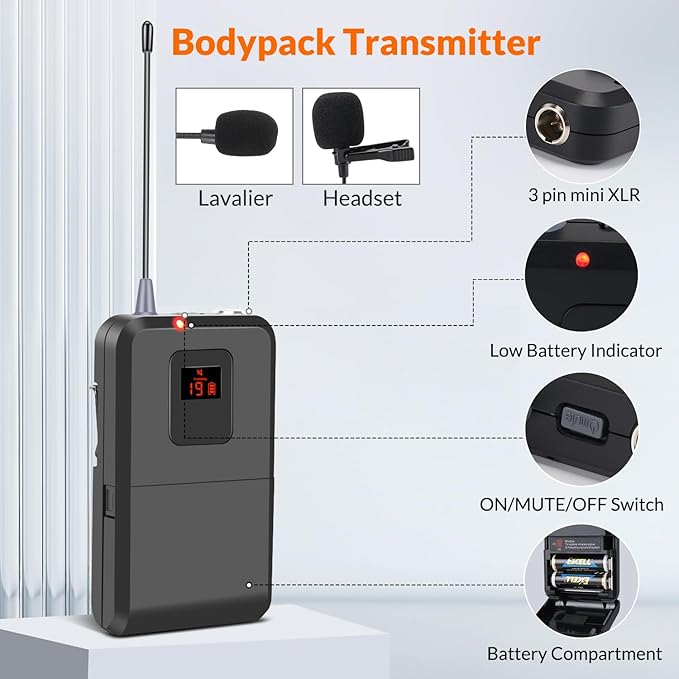200-Channel Wireless Microphone, Wireless Lavalier Microphone Dual UHF Bodypack Cordless Lavalier Mic System Set