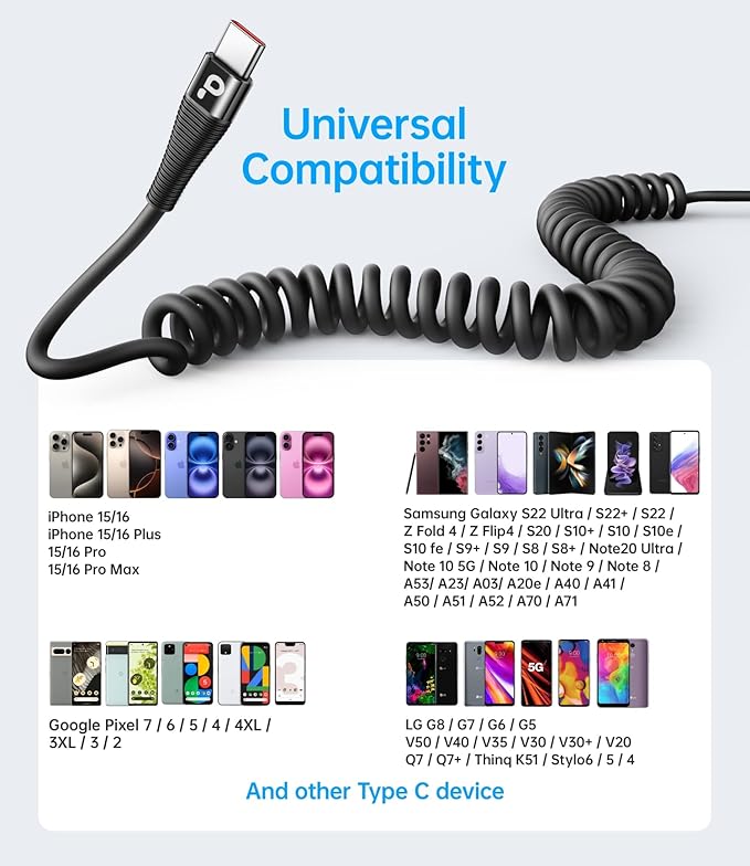 PRAKIE USB C Cable Fast Charging 5FT, Coiled USB A to USB C Cable for Car, Type C Charge Cord USB-C Charging Cable Compatible with iPhone 16/15/Samsung Galaxy S20 and More USB C Devices-Black 2Pack