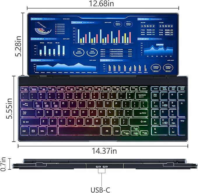 12.8" Portable Touchscreen Keyboard Monitor Stretched Bar Screen Extender with Silent Keyboard Foldable MIni RPi Display Type-C USB-A Monitor for Desktop Mini PC Laptop Macbook Phones Tablet (KM128T)