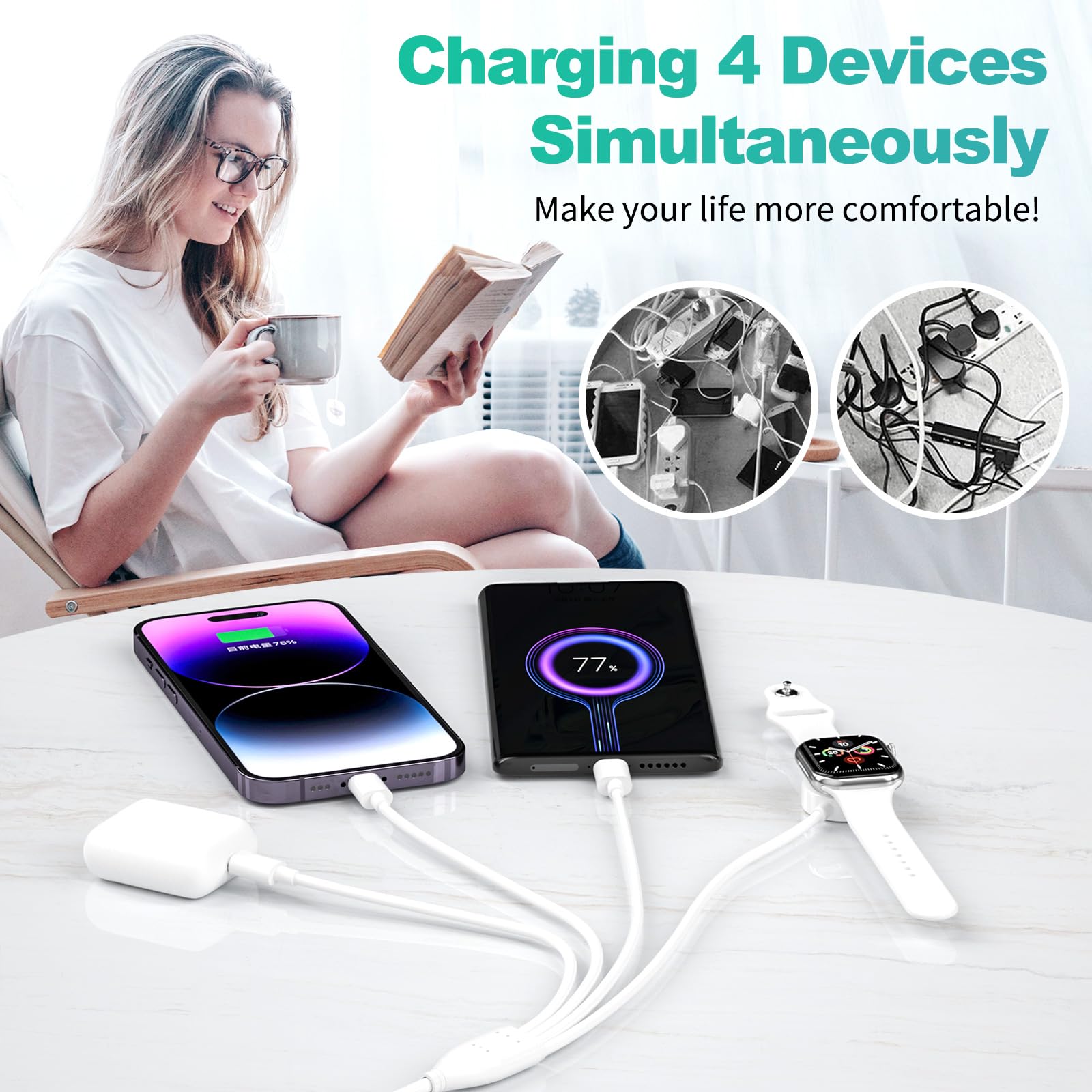 4 in 2 Apple Watch Charger, USB C Apple Charger Cable for iPhone 17, Magnetic Charging Cord for iWatch Series SE/8/7/6/5/4/3/2 - Wireless Travel i-Watch Charger AirPods&iPad-6FT