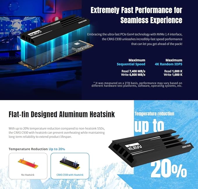 KLEVV CRAS C930 1TB M.2 2280 NVMe PCIe Gen4x4 Internal Gaming SSD Aluminium Heatsink Included, Compatible with PS5, up to 7400MB/s with DRAM Cache (K01TBM2SP0-C93)