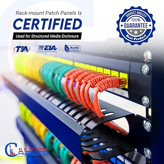 NewYork Cables® Blank Keystone 48 Port Cat6 Patch Panel - 10Gb Ethernet 2U Horizontal Rack Mount, Color-Coded T568A/B Labels, Network for Data Centers, Server Rooms, Unloaded, Unshielded.